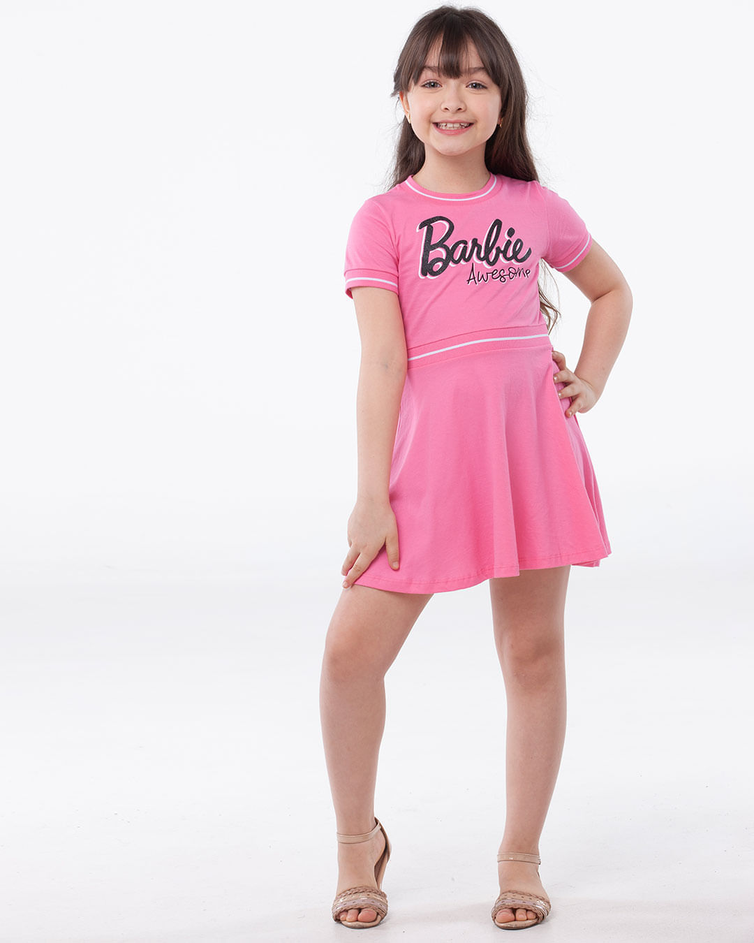 Riachuelo  Vestido Curto Infantil Sem Manga Evasê Barbie Multicor Tam 2 a  10