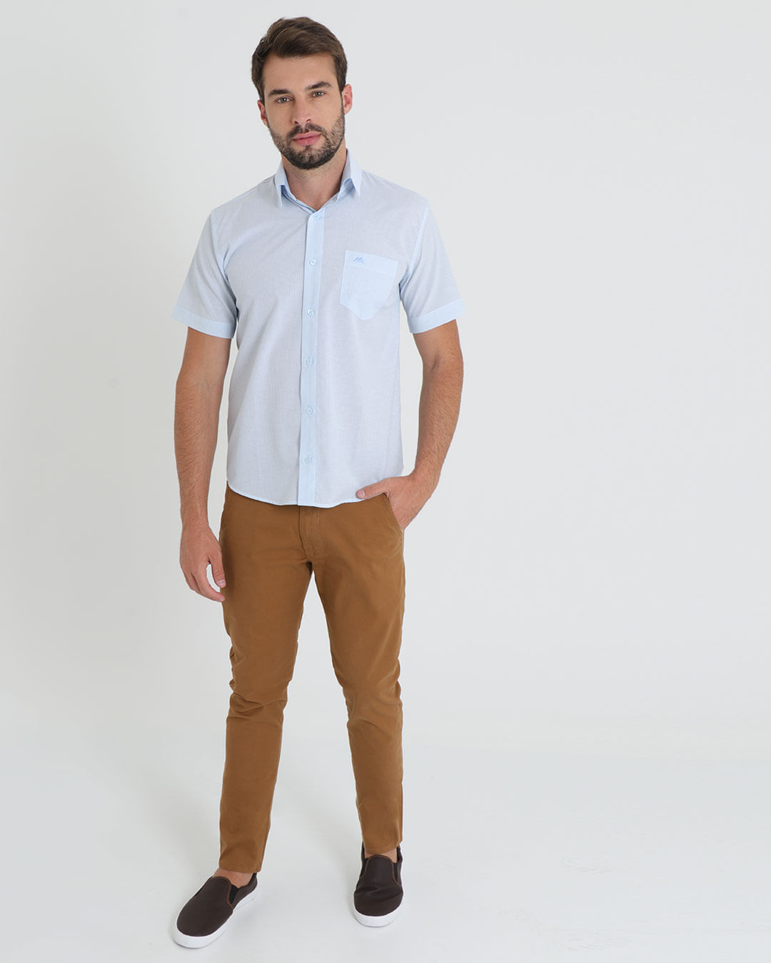 Camisa Social Masculina Manga Curta Listrada Azul Claro