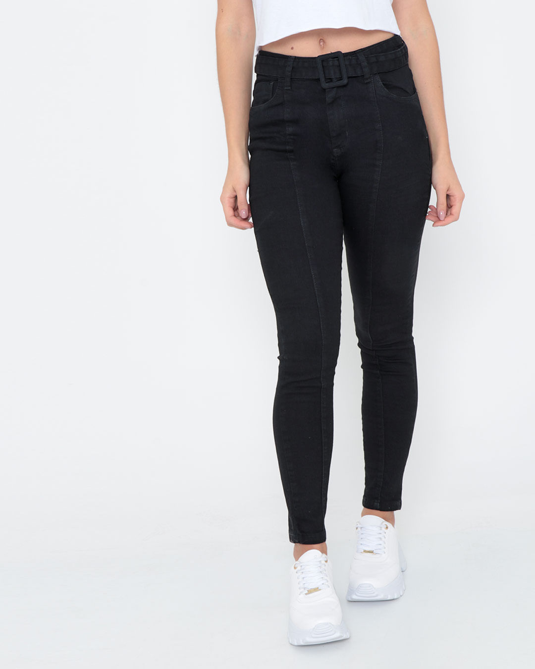 Calça Jeans Feminina Cintura Alta Com Cinto Preta