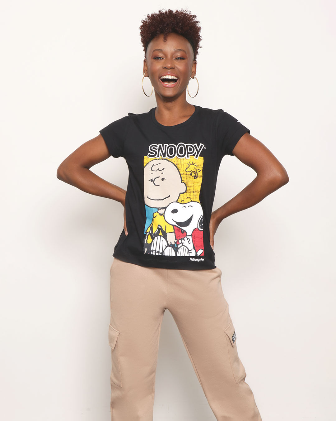 Camiseta Feminina Snoopy Charlie Manga Curta Preta