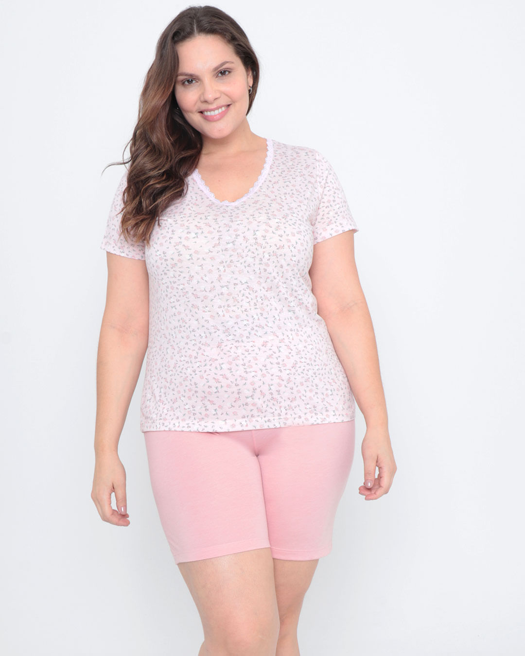 Pijama Plus Size Short Doll Floral Rosa Claro