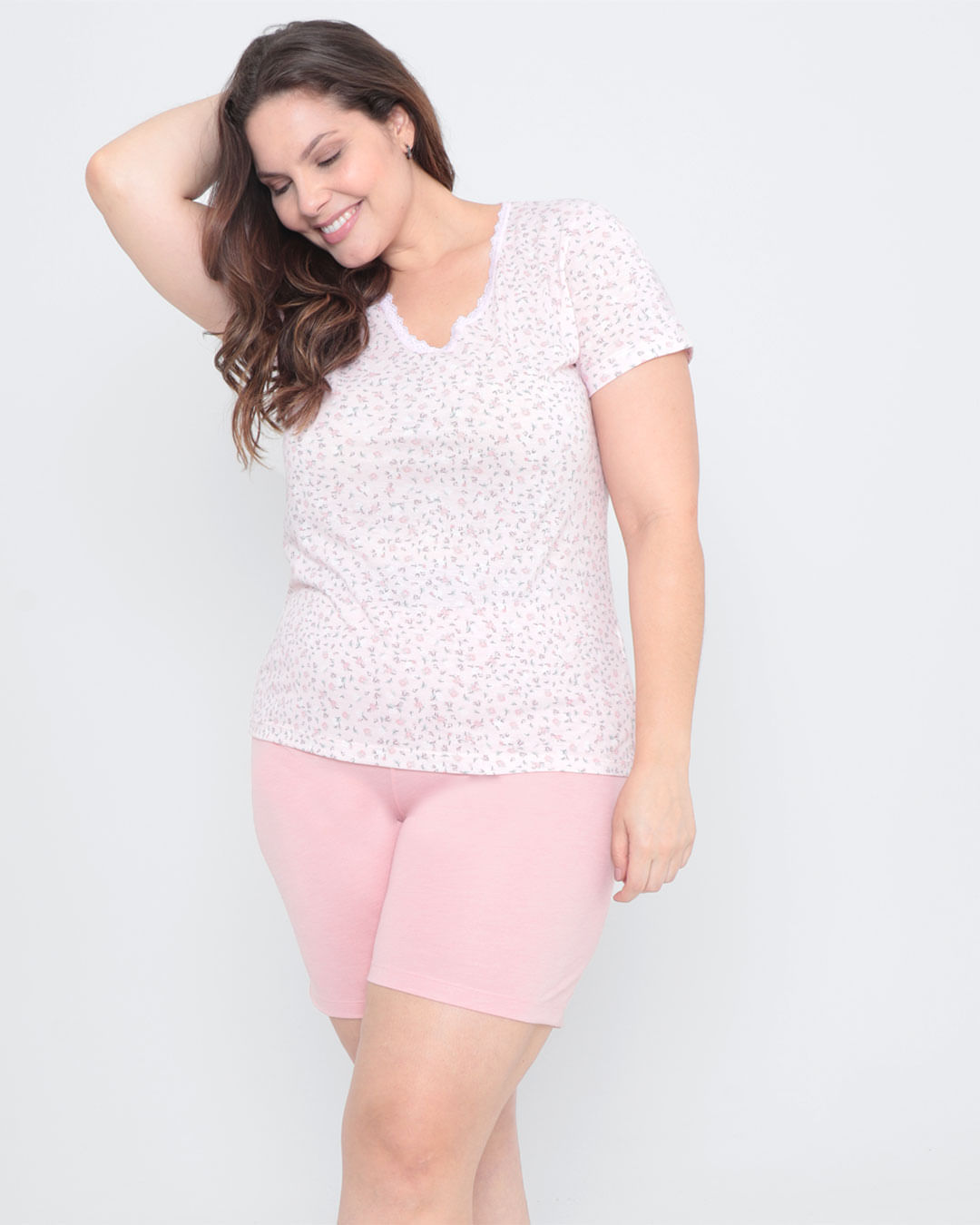 Pijama Plus Size Short Doll Floral Rosa Claro