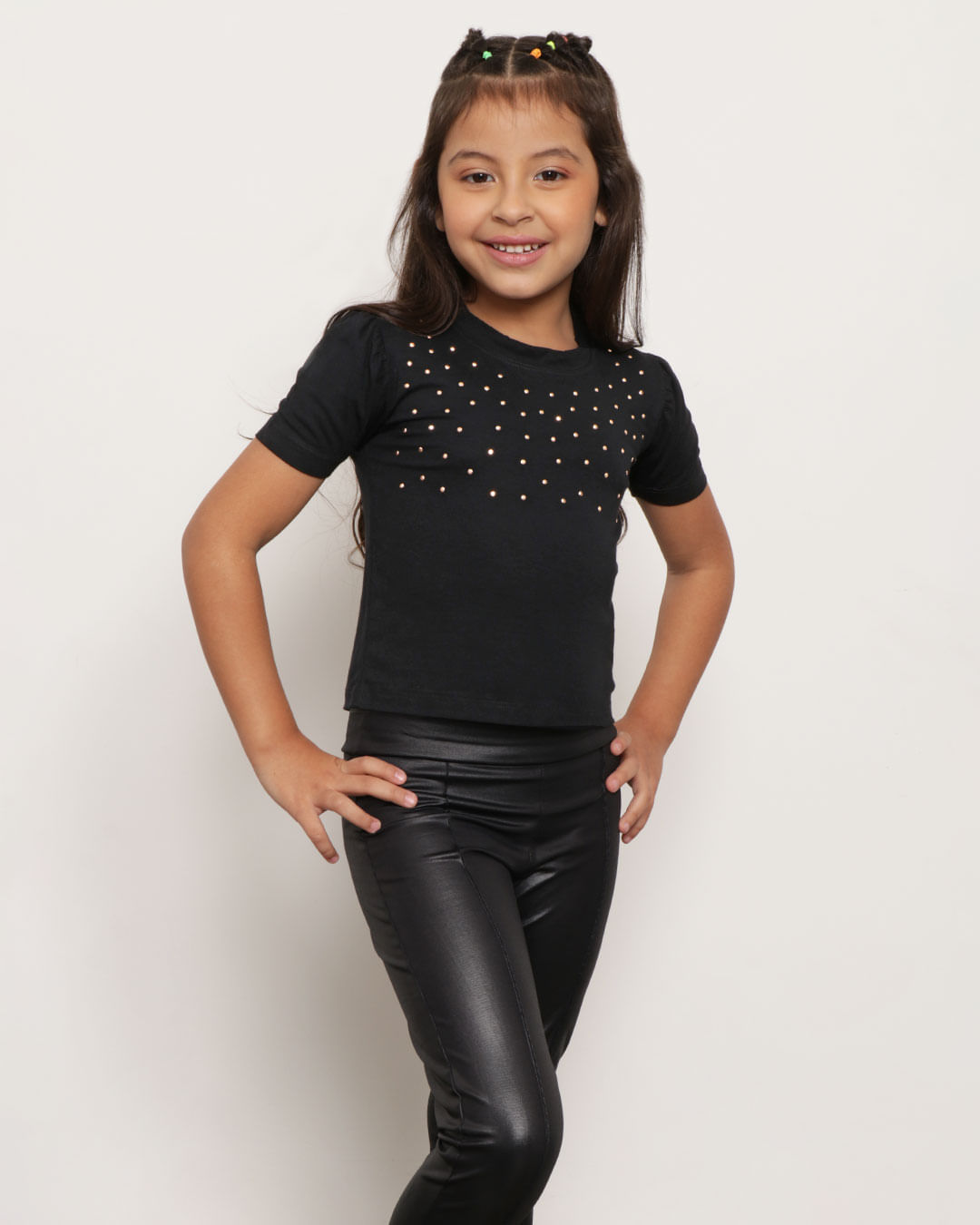 Blusa Infantil Manga Curta Bufante Strass Preta