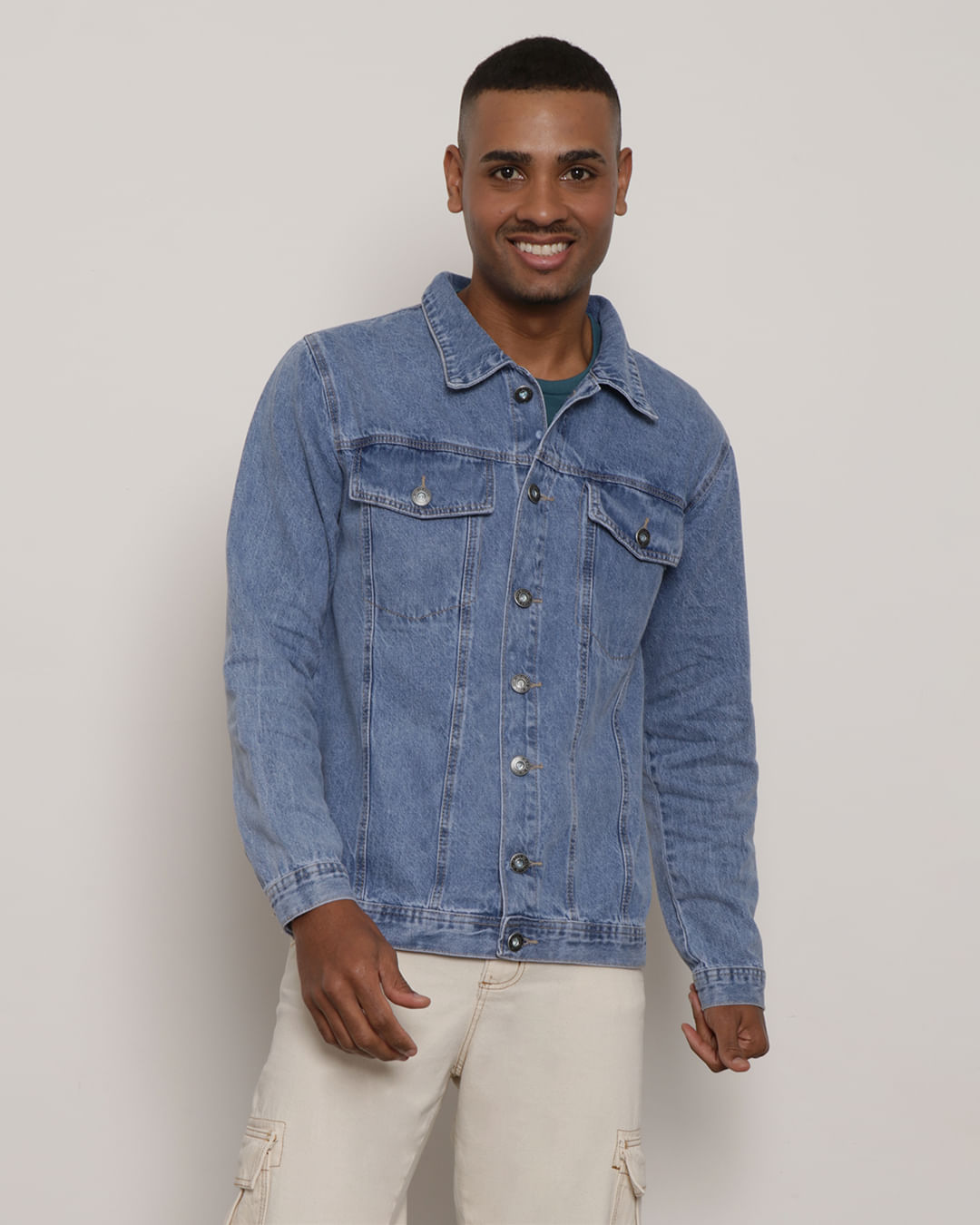 Jaqueta Jeans Masculina Com Bolso Estonado Azul
