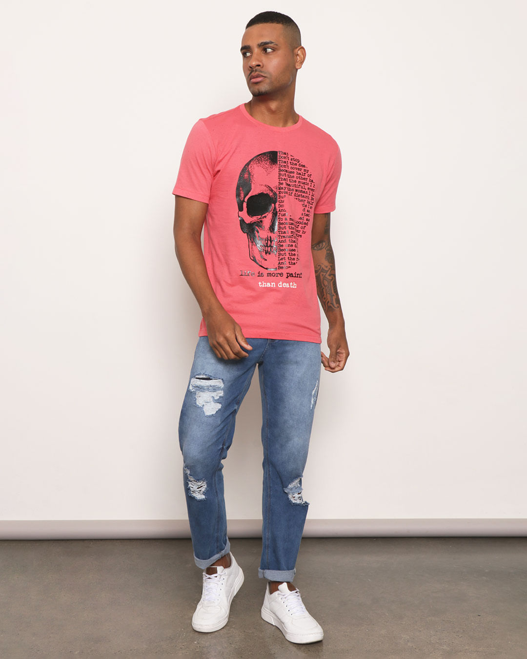 Camiseta Masculina Botonê Estampa Caveira Rosa