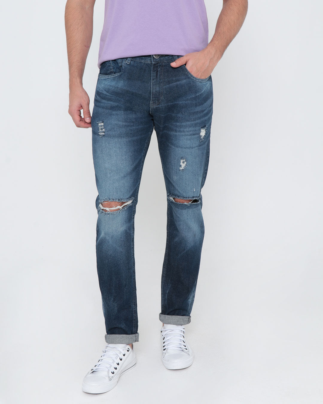 JEANS SKINNY COM RASGOS - Azul