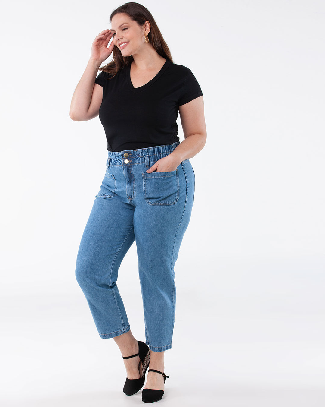 Calça jeans feminina plus size cintura alta elástico azul