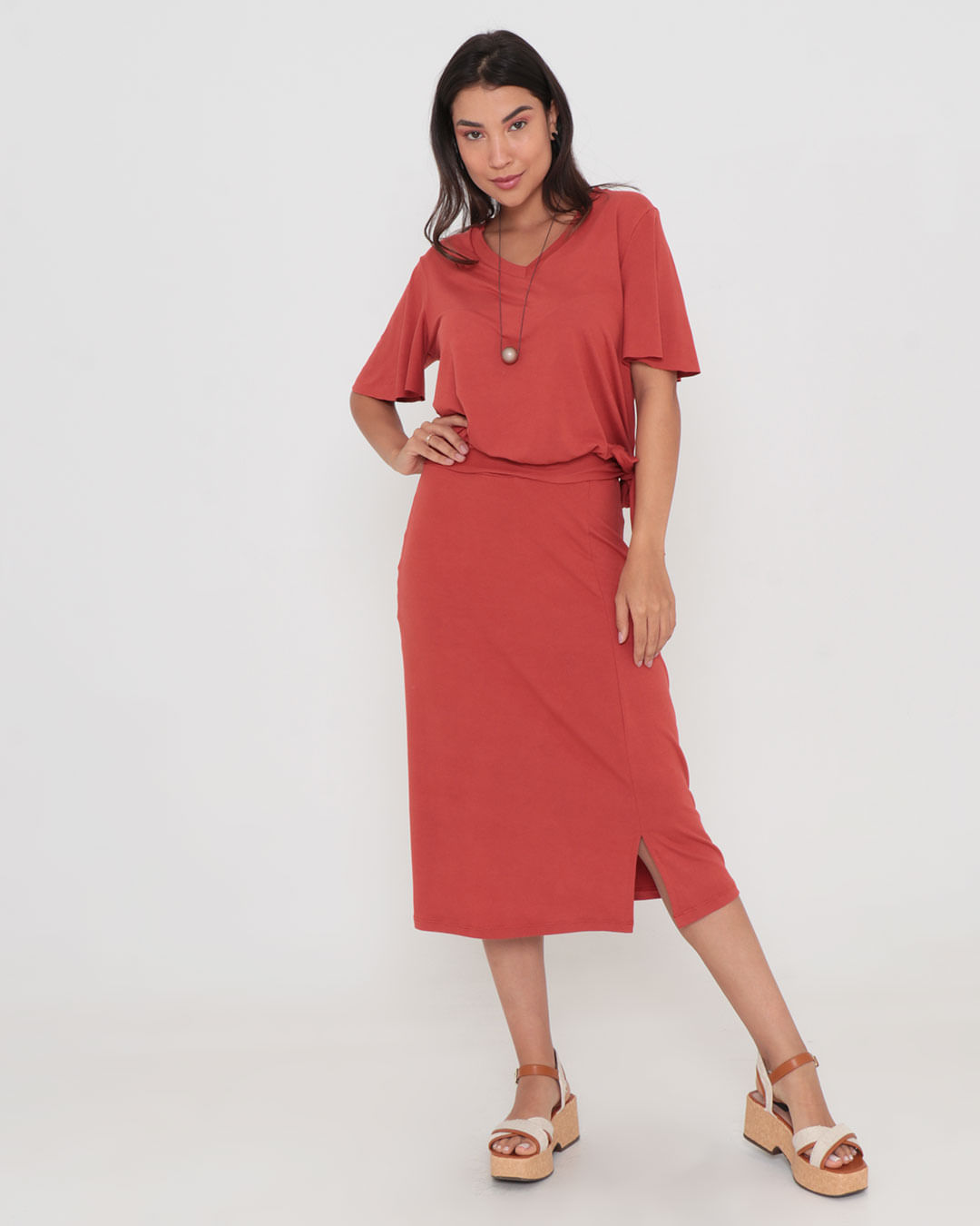 Saia Suede Feminina Midi Fenda Terracota Médio