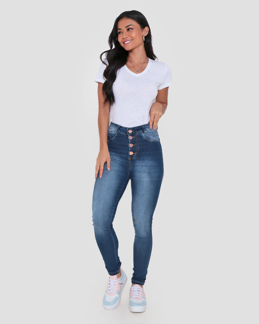 Calça Jeans Feminina Levanta Bumbum Skinny Botões Azul