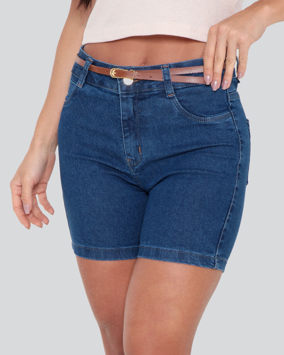 Short Jeans Feminino Básico Com Cinto Azul