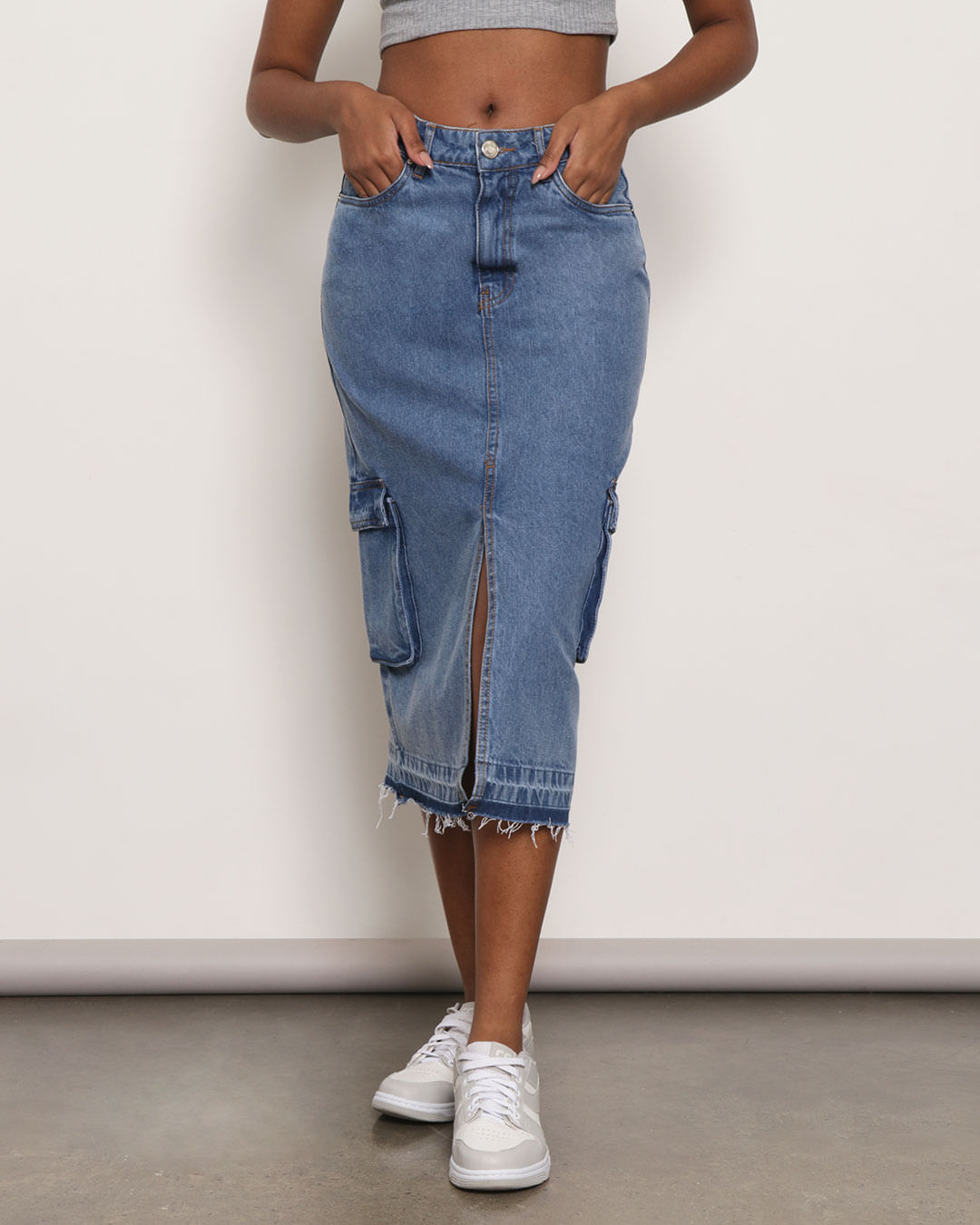 Saia Jeans Feminina Midi Cargo Fenda Azul