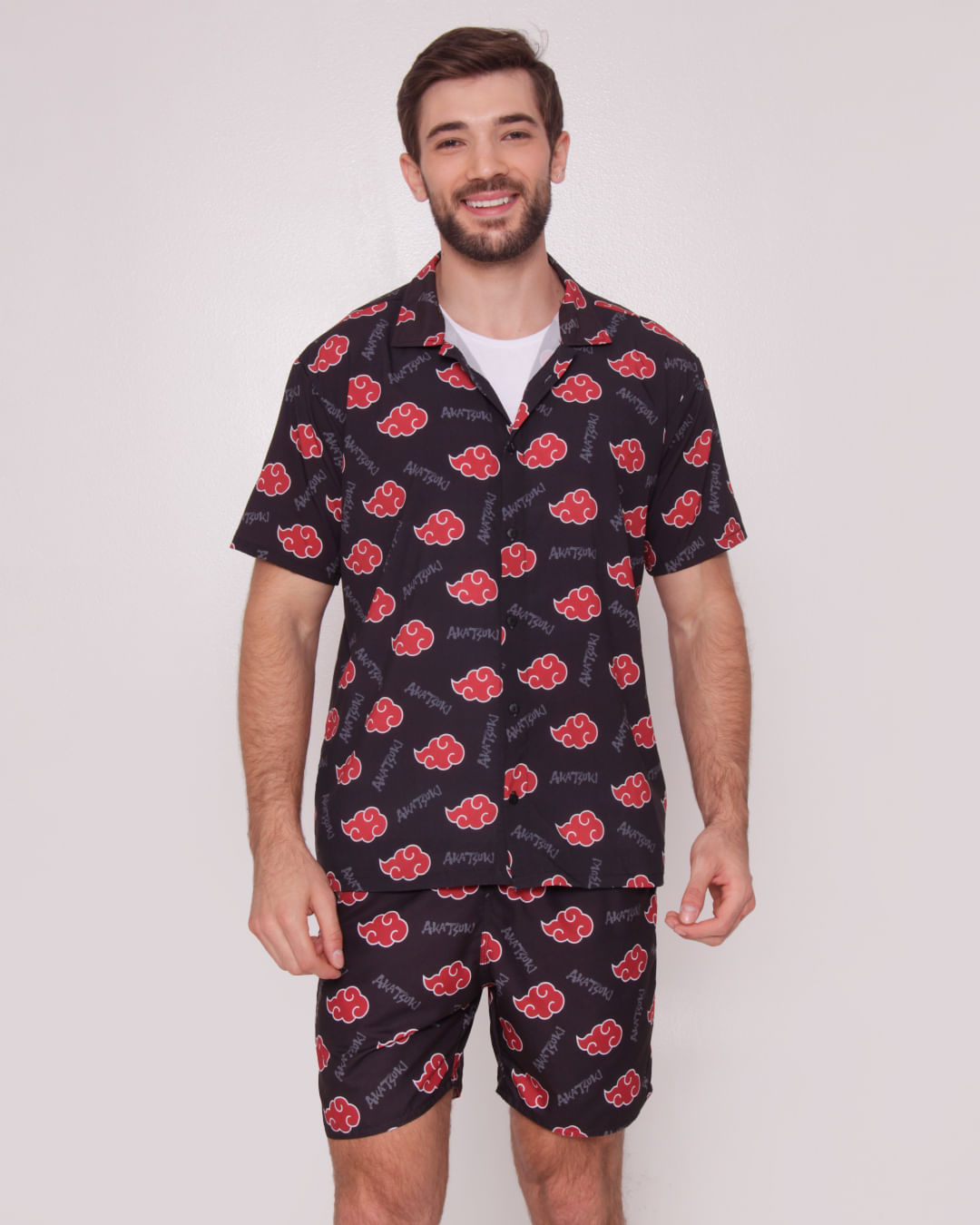 Camisa Masculina Estampada Nuvem Naruto Manga Curta Preta