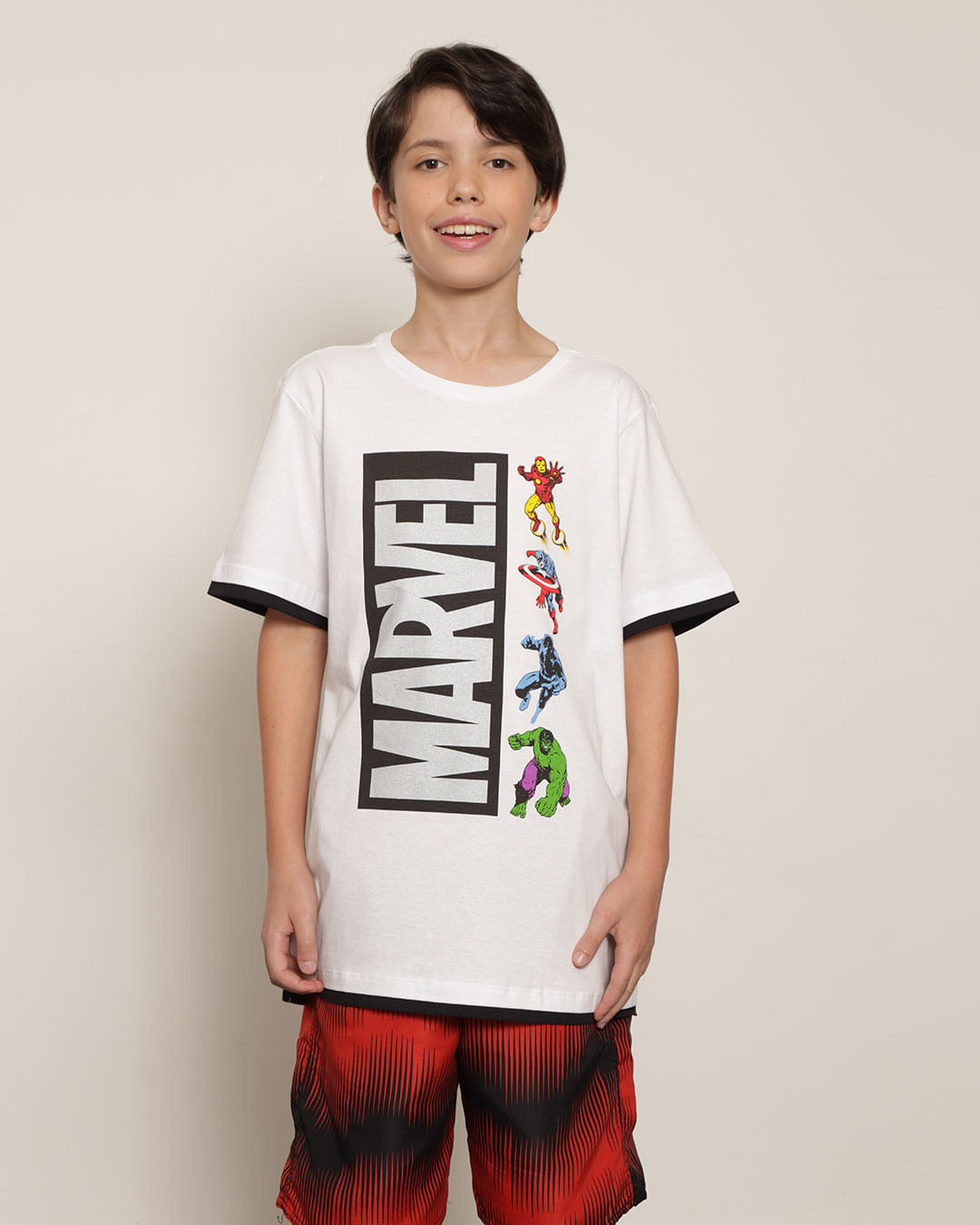 Camiseta Juvenil Menino Marvel Estampa Frontal Manga Curta Gola