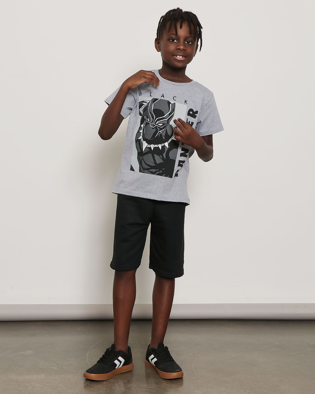 Camiseta Infantil Marvel Manga Curta Pantera Negra Mescla Cinza