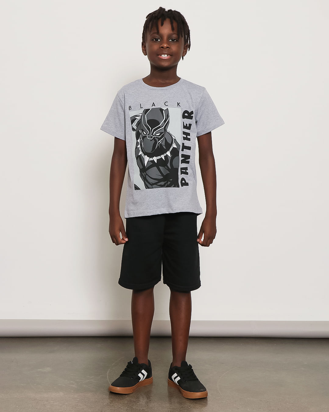 Camiseta Infantil Marvel Manga Curta Pantera Negra Mescla Cinza
