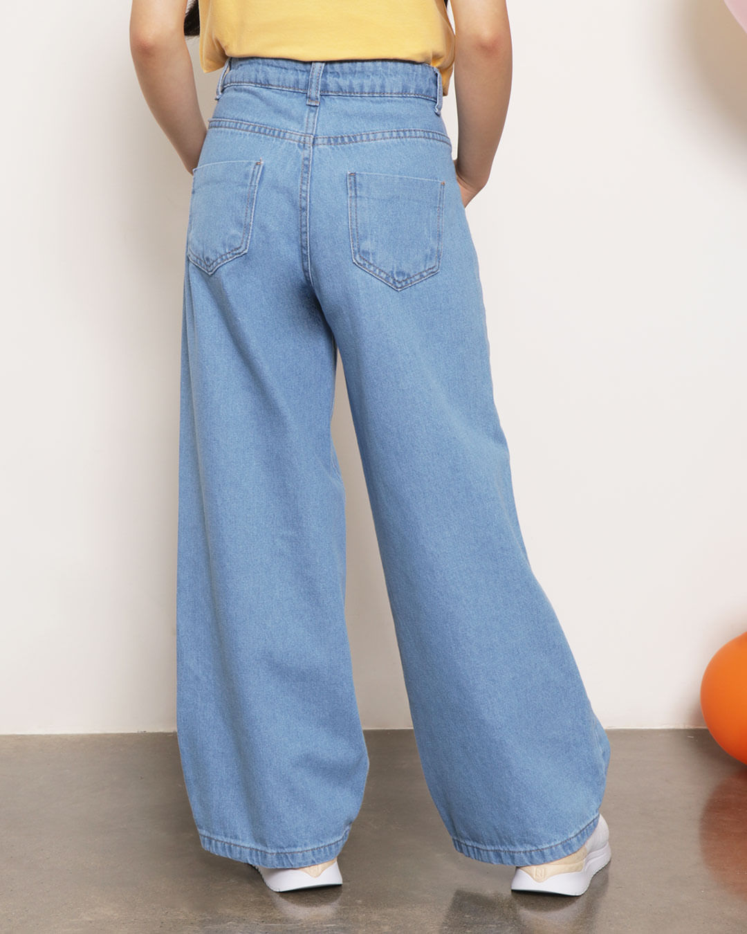 Calça Jeans Juvenil Wide Leg Com Bolso Azul