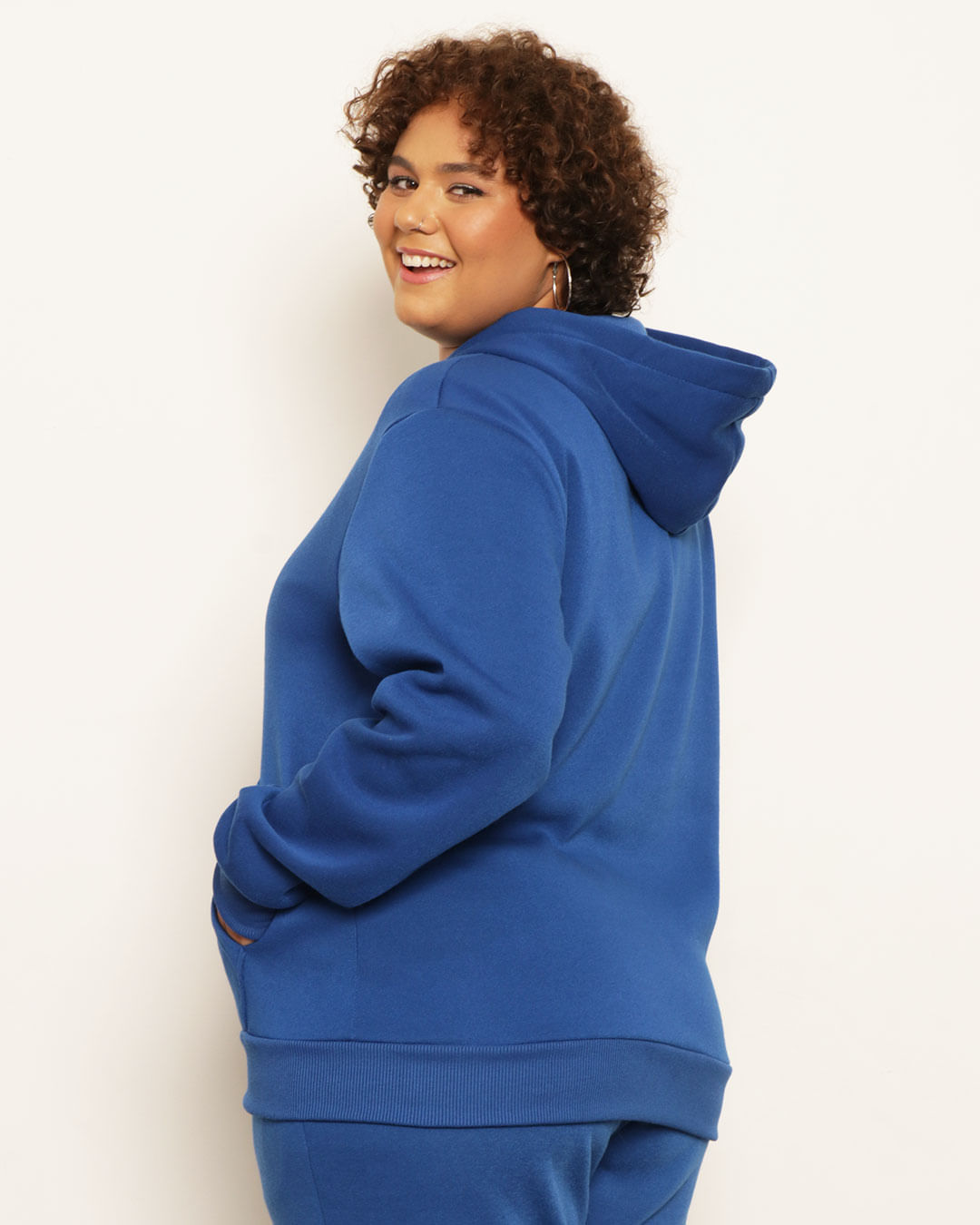 Jaqueta Moletom Plus Size Feminina Bolsos Com Capuz Azul