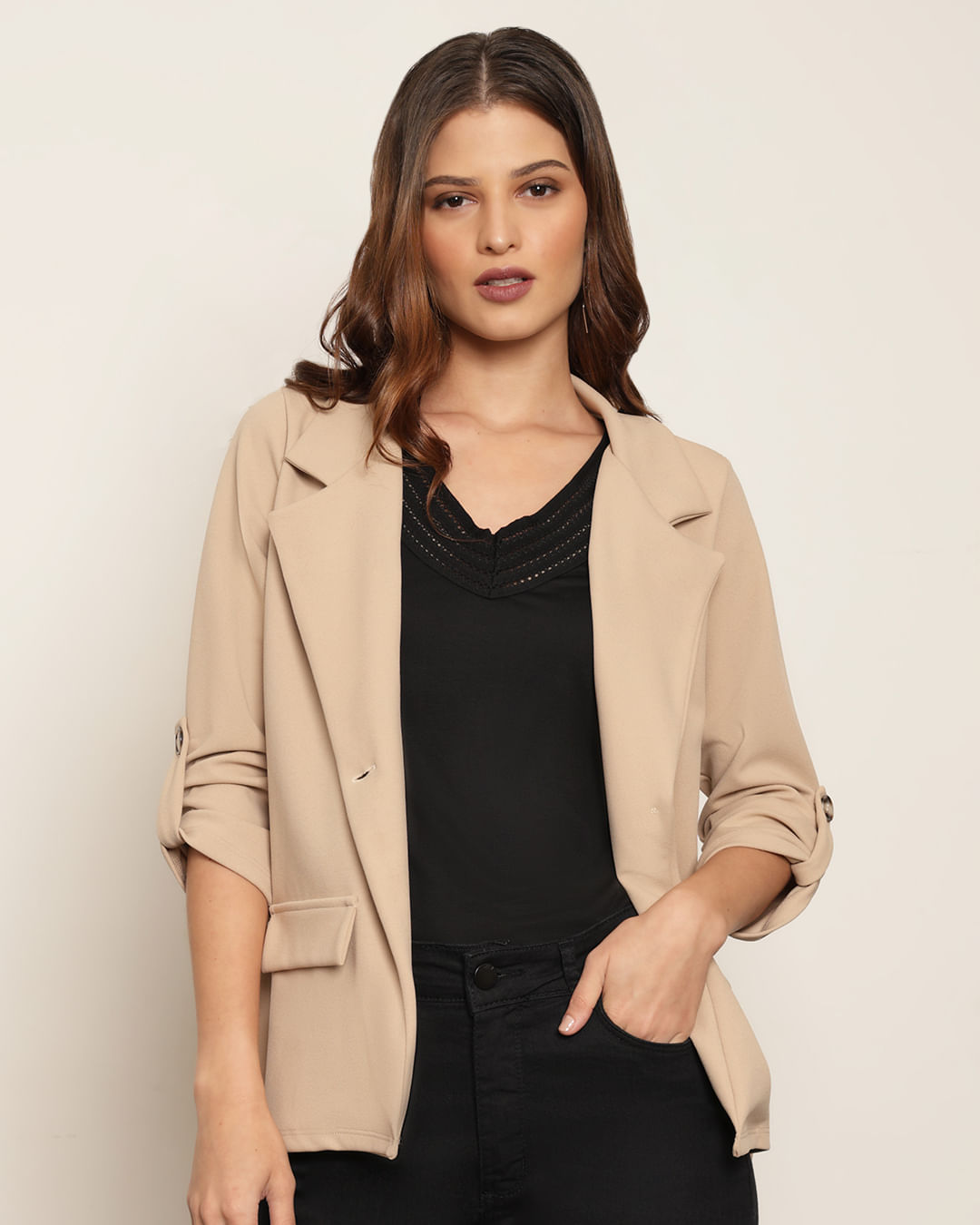 Blazer Feminino Crepe Manga Longa Com Botões Bege