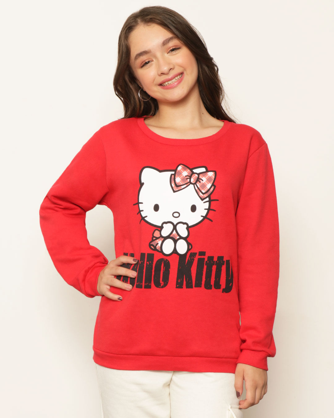 Blusão Juvenil Moletom Peluciado Hello Kitty Manga Longa Vermelho