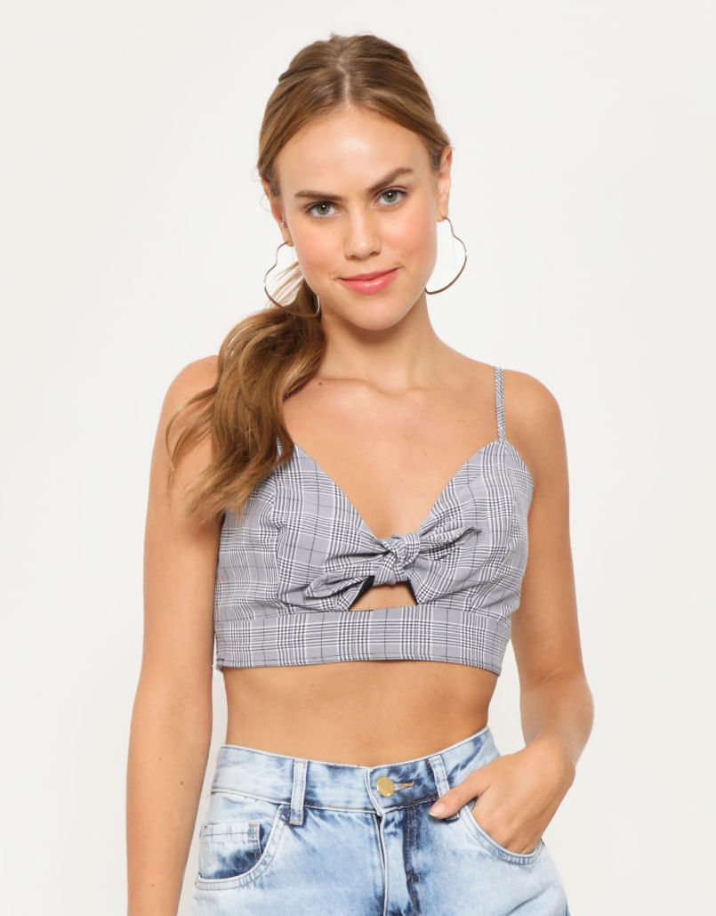 Top Cropped Feminino Alcinha Com Nozinho Xadrez