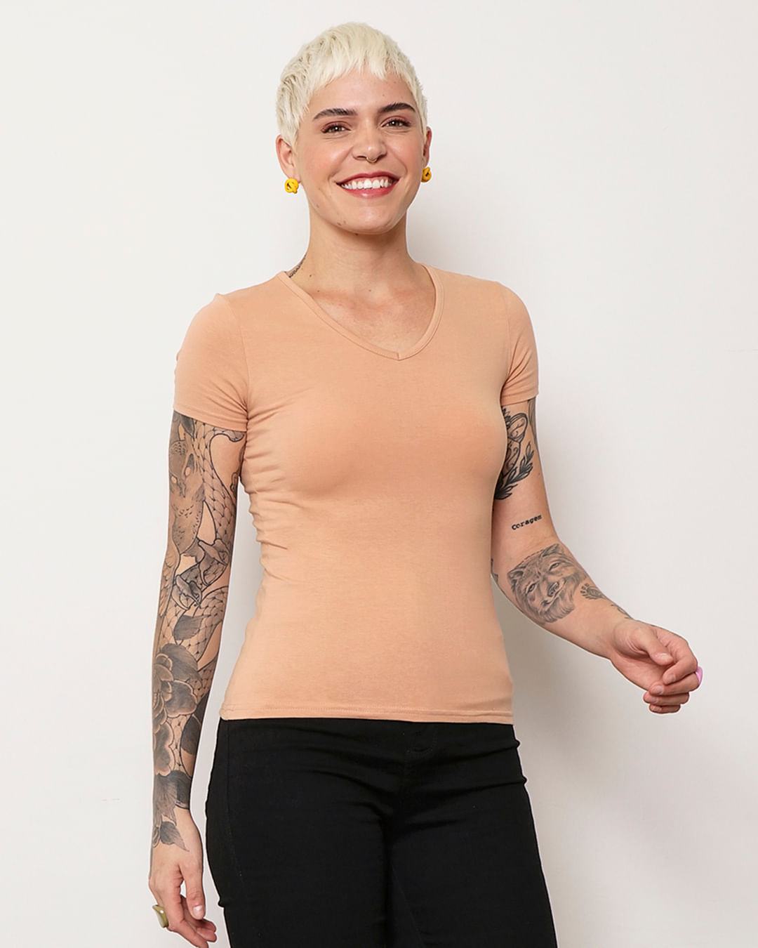 Blusa 103470 Gola V Slim Rose - Rosa Medio