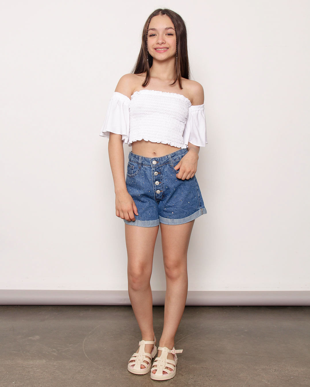 Blusa Juvenil Menina Lastex Manga Curta Cropped Branco