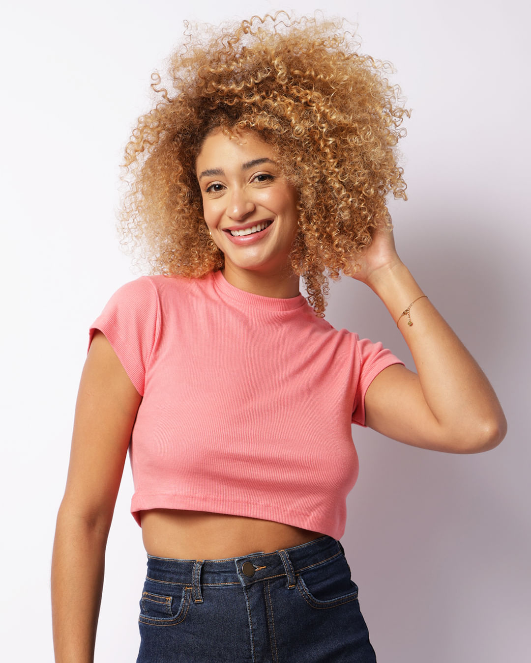 Blusa Feminina Cropped Canelada Manga Curta Rosa