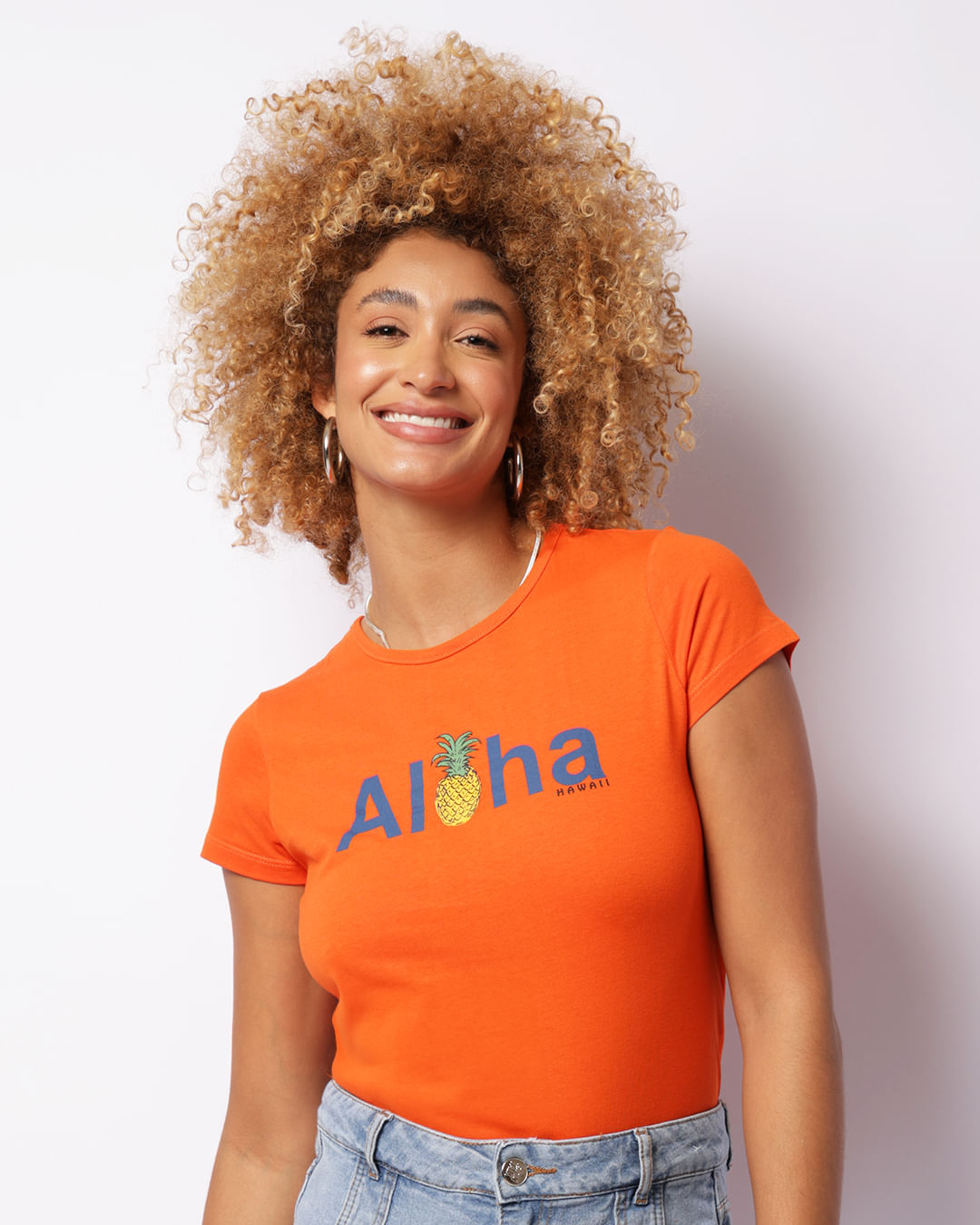 Blusa Feminina Estampa Aloha Manga Curta Laranja