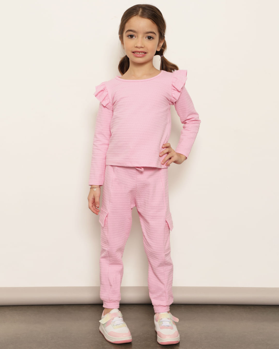 Calça Infantil Jogger Bolso Cargo Texturizada Rosa