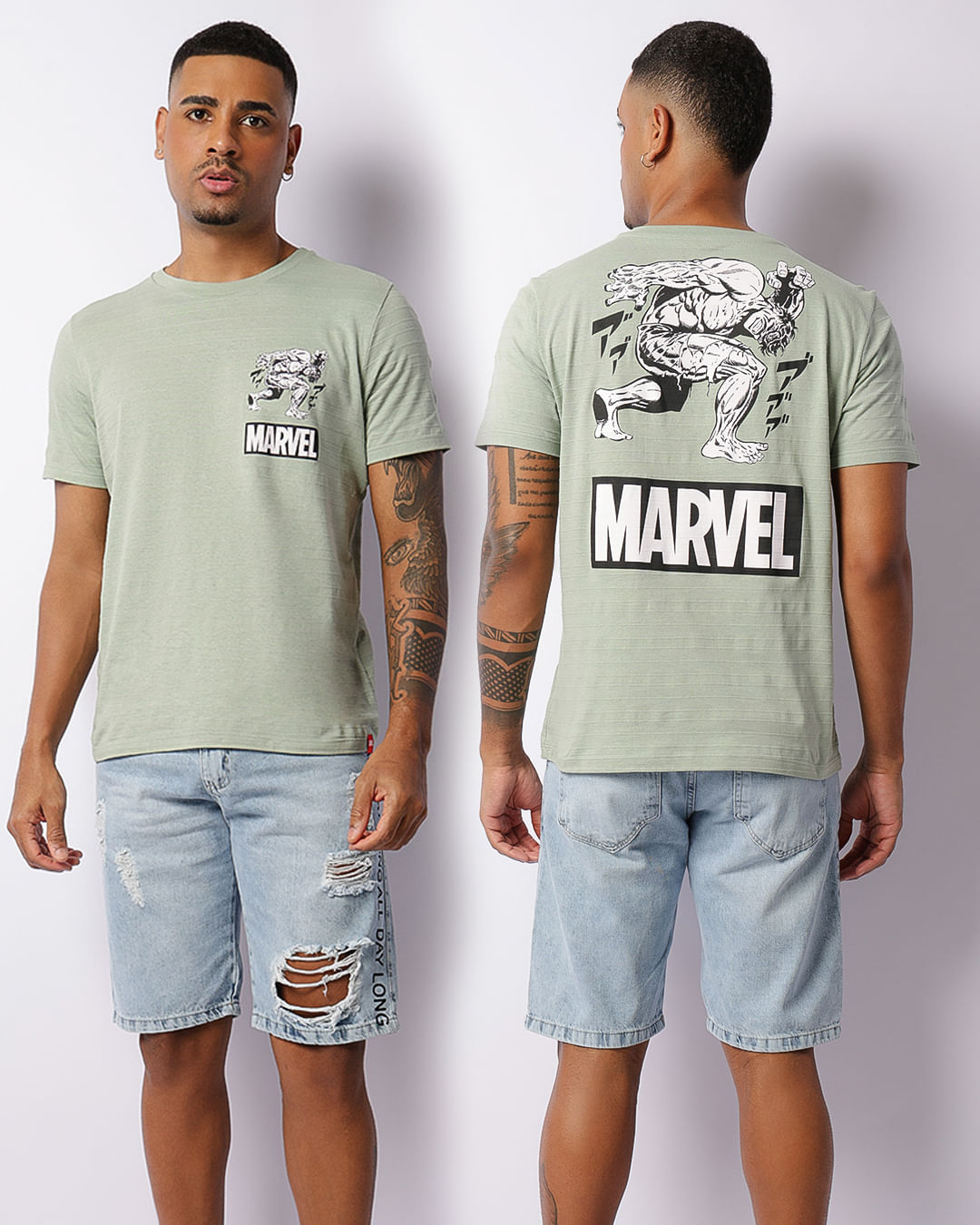 Camiseta Masculina Texturizada Marvel Hulk Manga Curta Verde