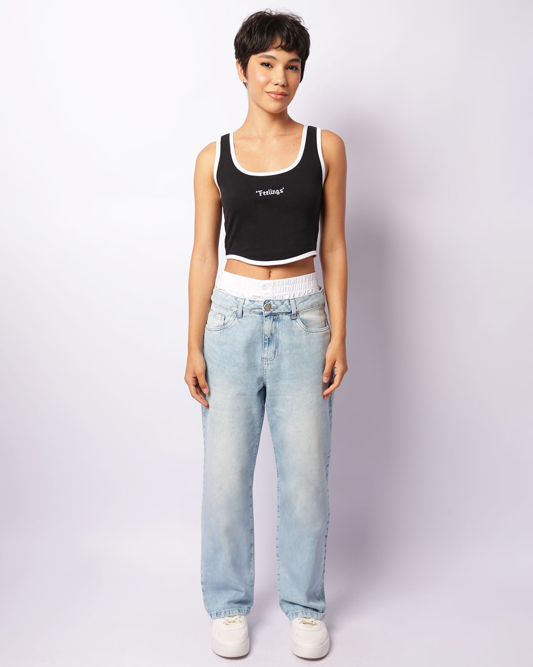 Calça Jeans Feminina Reta Cós Duplo Removível Azul