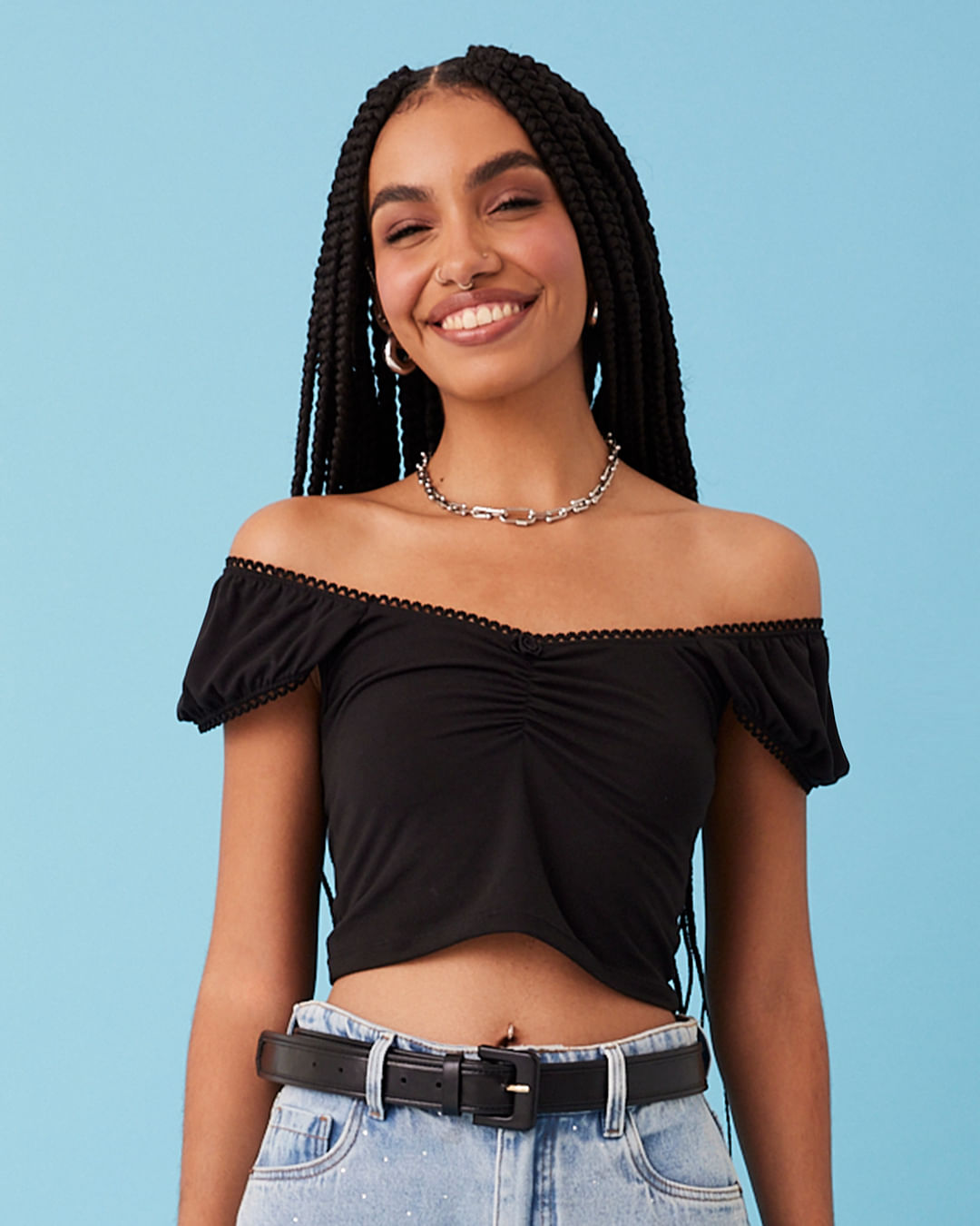 Blusa Feminina Cropped Manga Ombro À Ombro Preta