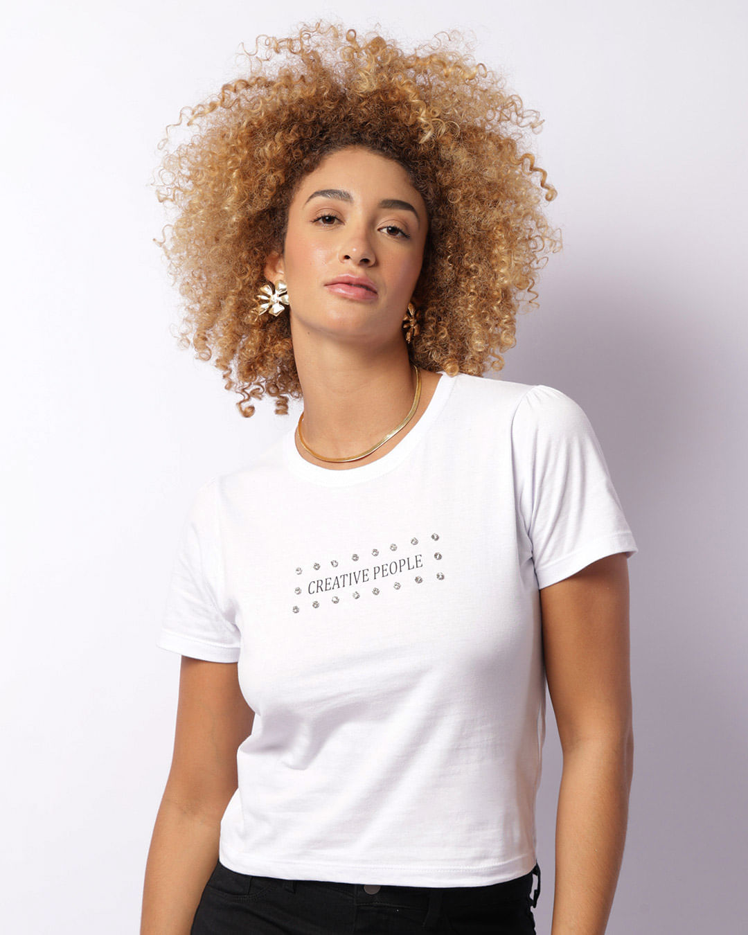 Blusa Feminina Manga Curta Com Aplicação De Strass Branca