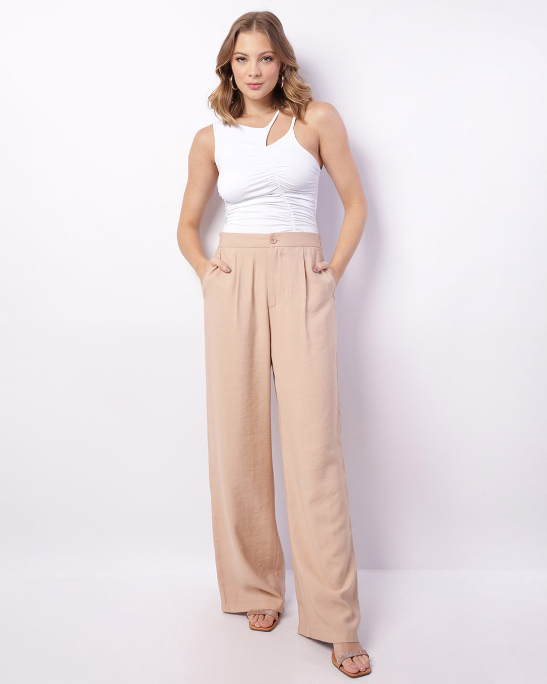 Calça Feminina Viscose Wide Leg Bege