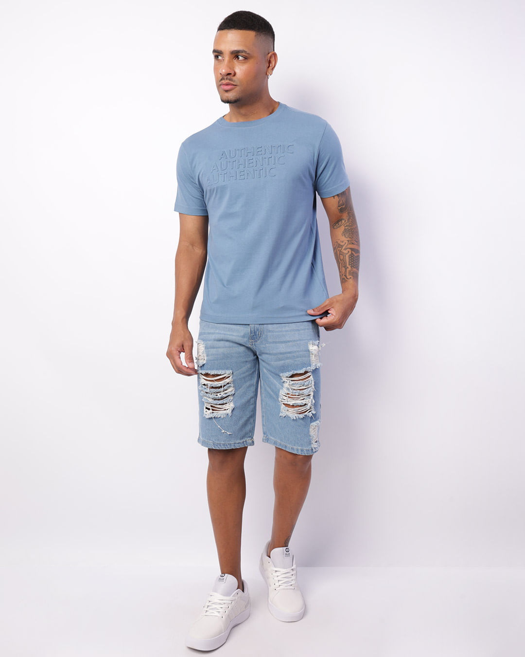 Bermuda Jeans Masculina Reta Destroyed Azul