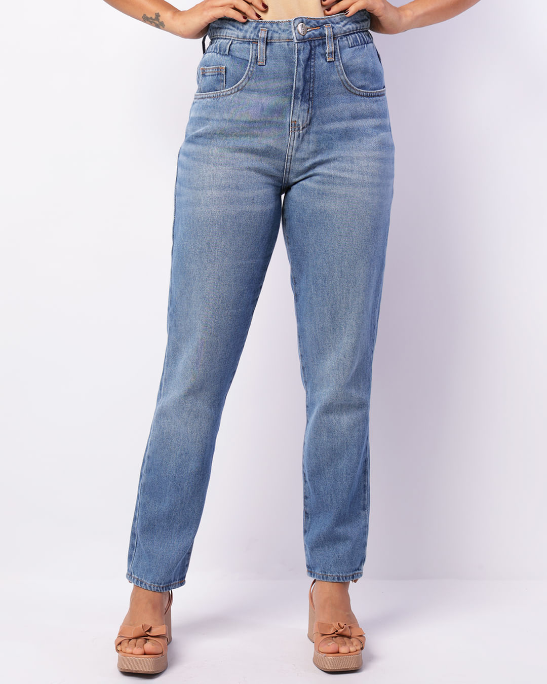 Calça Jeans Feminina Paper Bag Elástico Azul -1734356502611