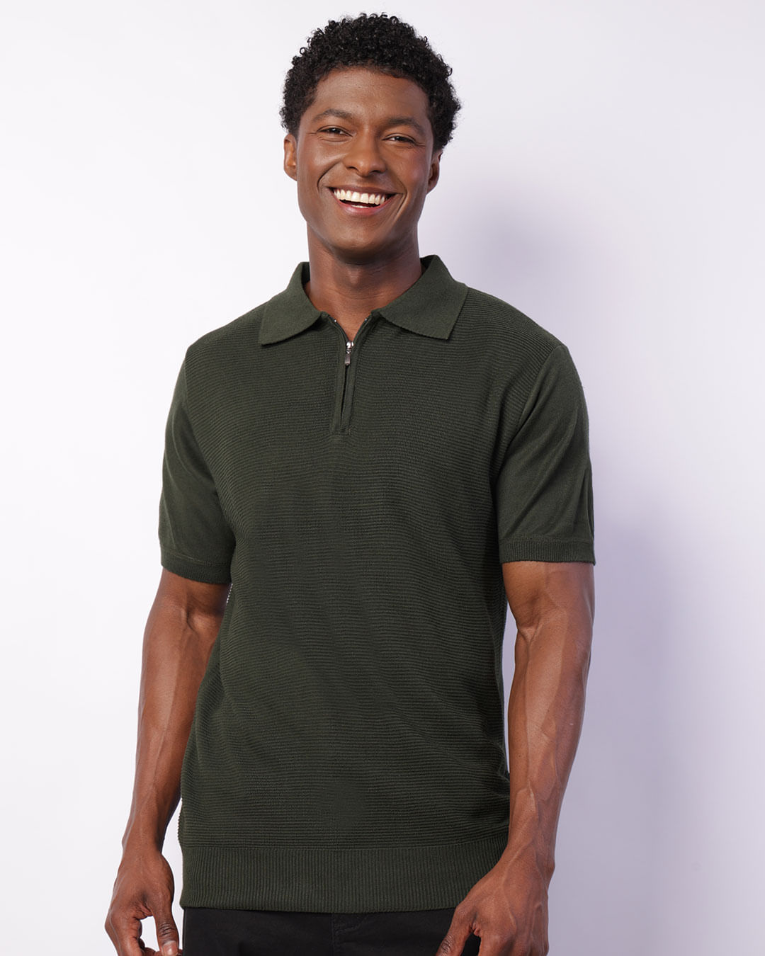 Camisa Polo Masculina Manga Curta Tricô Zíper Verde-1734368162571