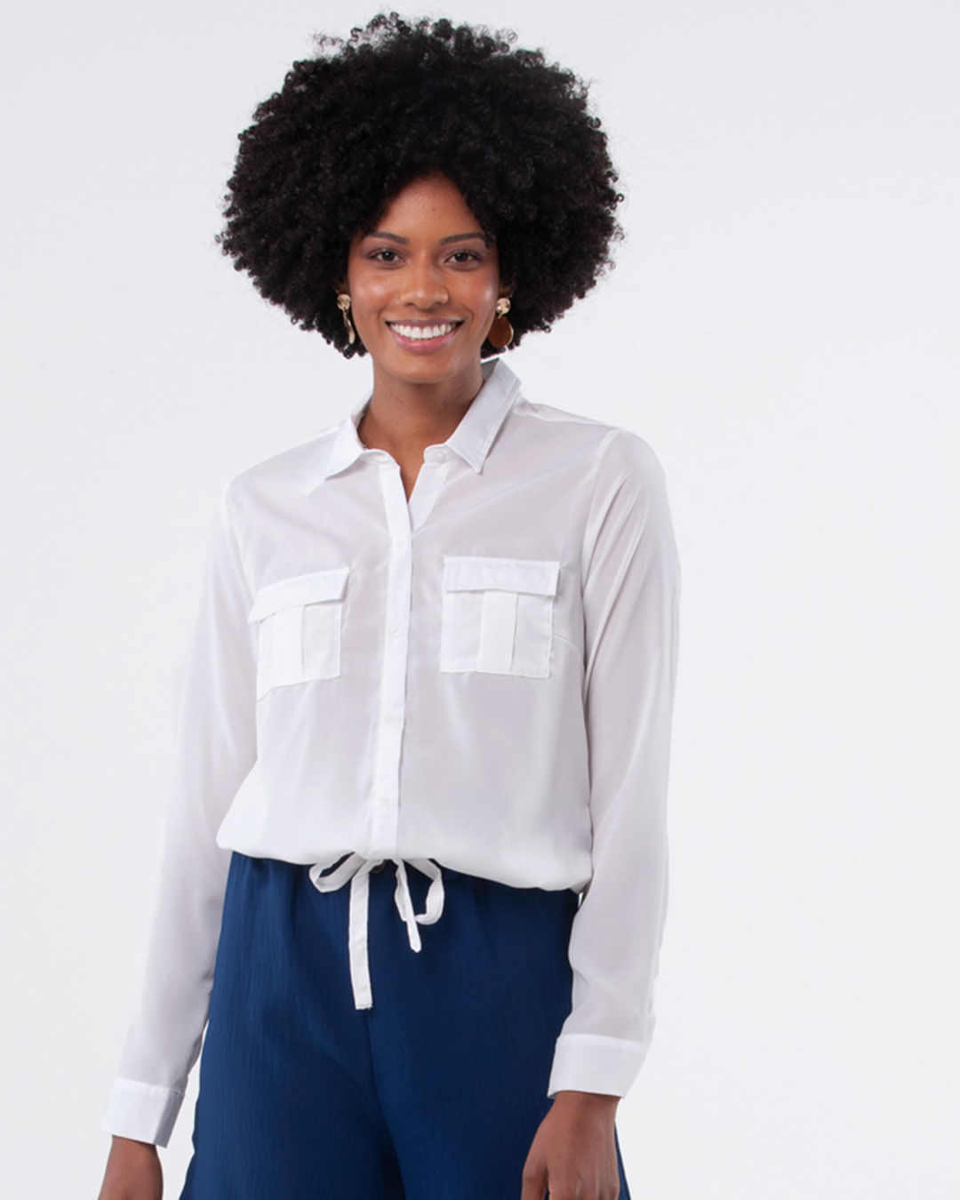 Camisa Feminina Manga Longa Amarração Branco