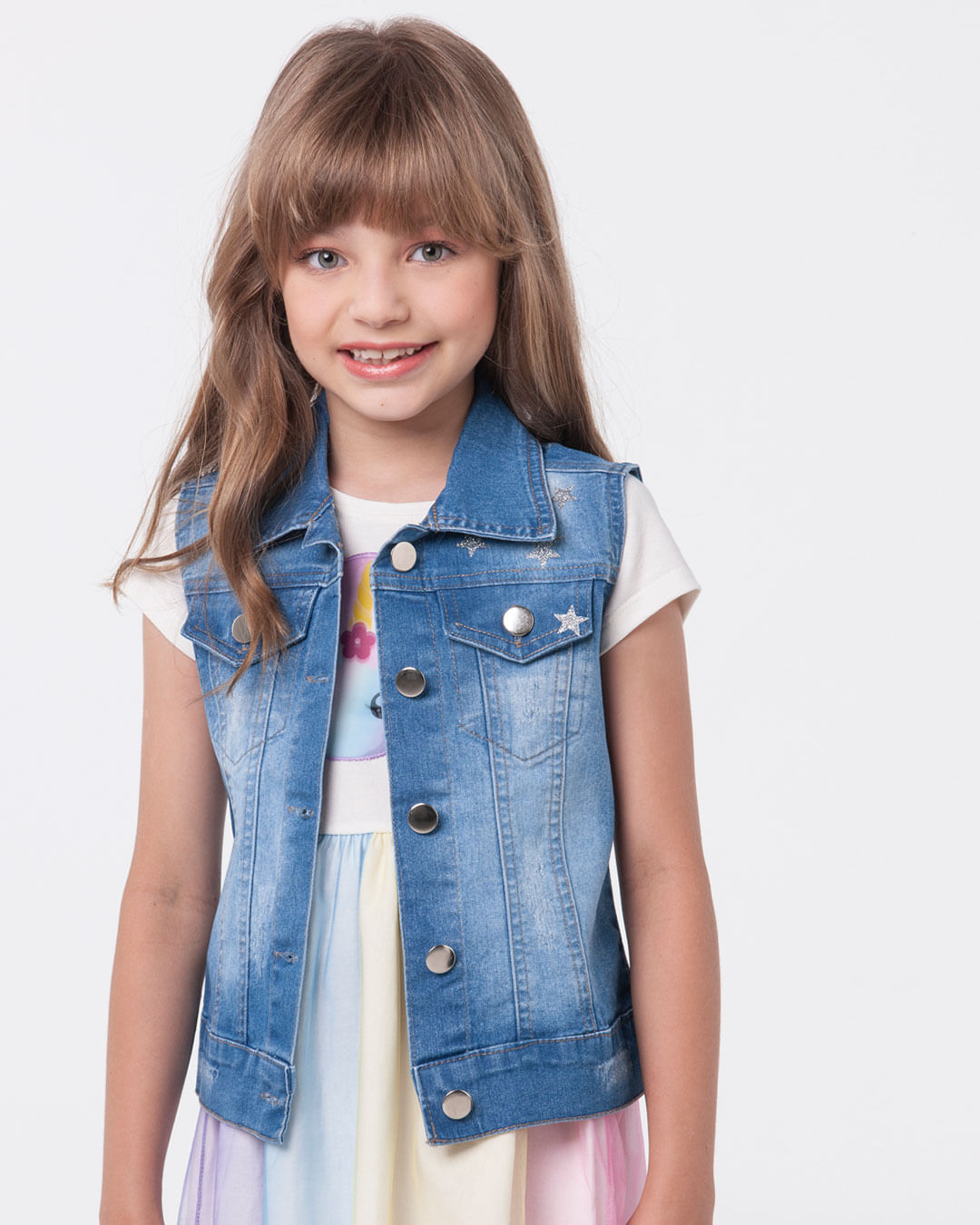 Colete Jeans Infantil Brilho Estrelas Azul