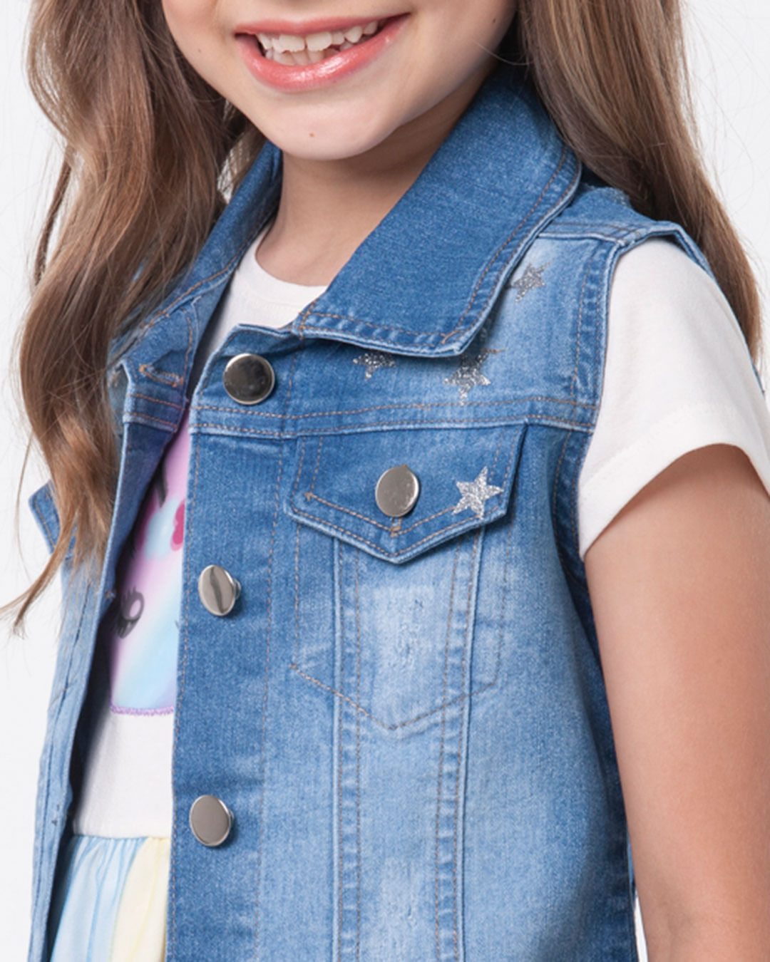 Colete Jeans Infantil Brilho Estrelas Azul