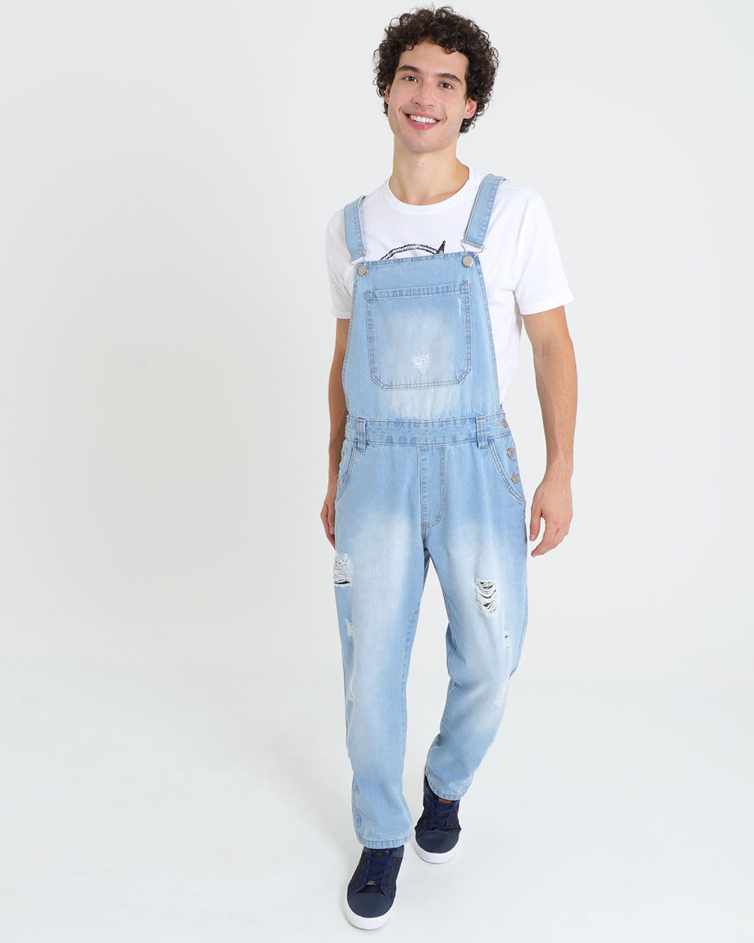 Macacão jeans masculino púidos azul claro Lojas Torra Lojas Torra