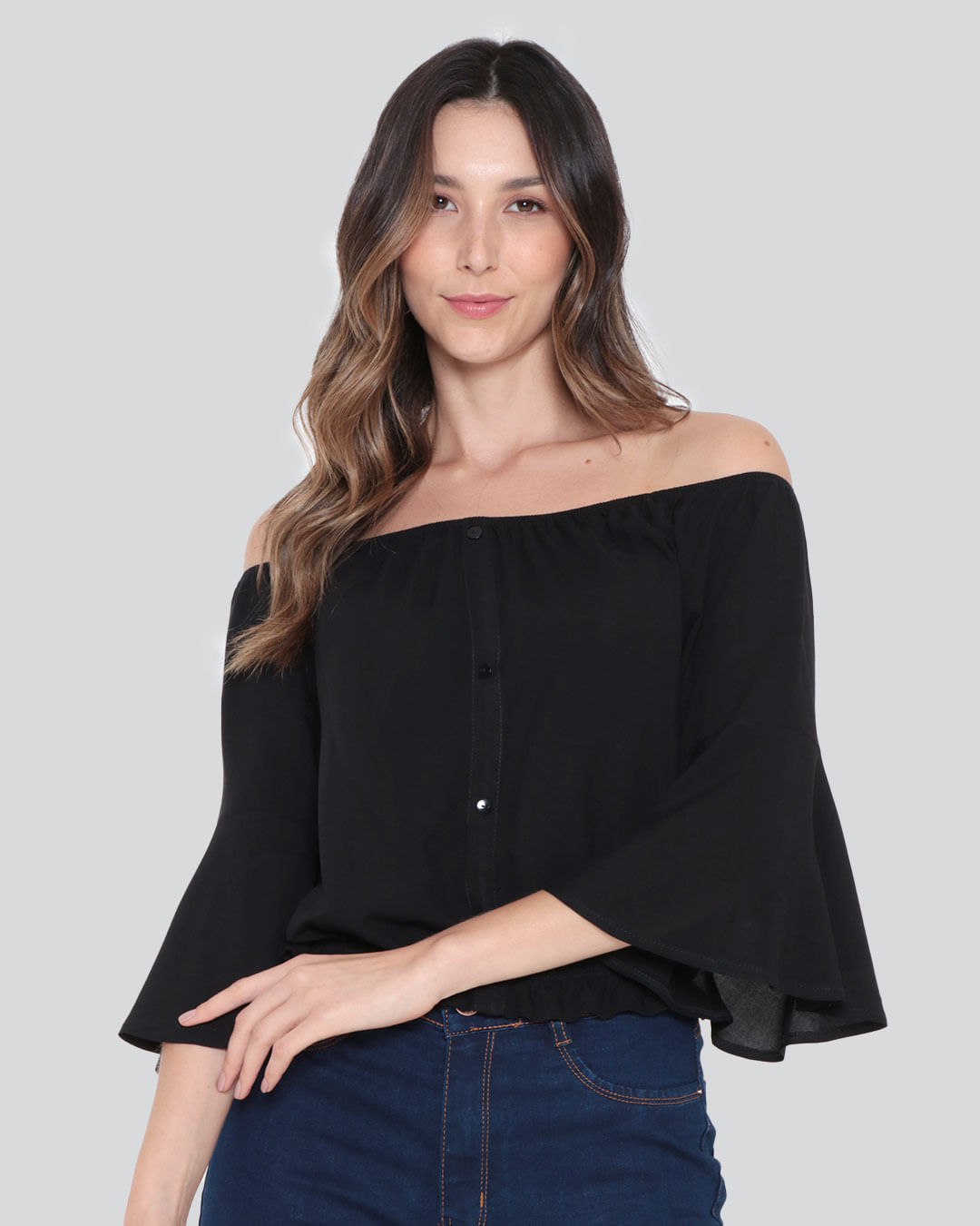 Blusa Cropped Ciganinha Manga Sino 7/8 Preta
