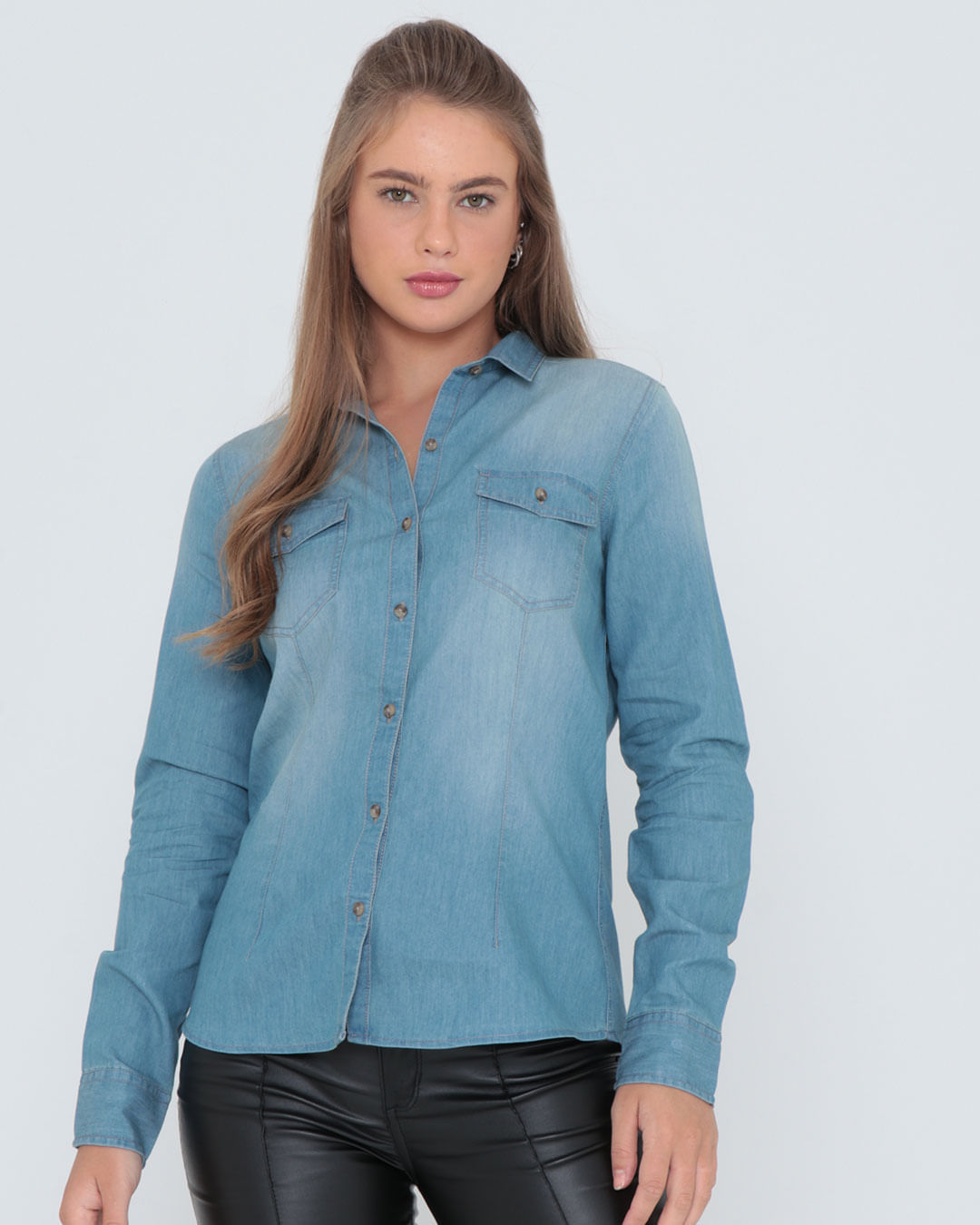 Camisa Jeans Feminina Bolsos Azul
