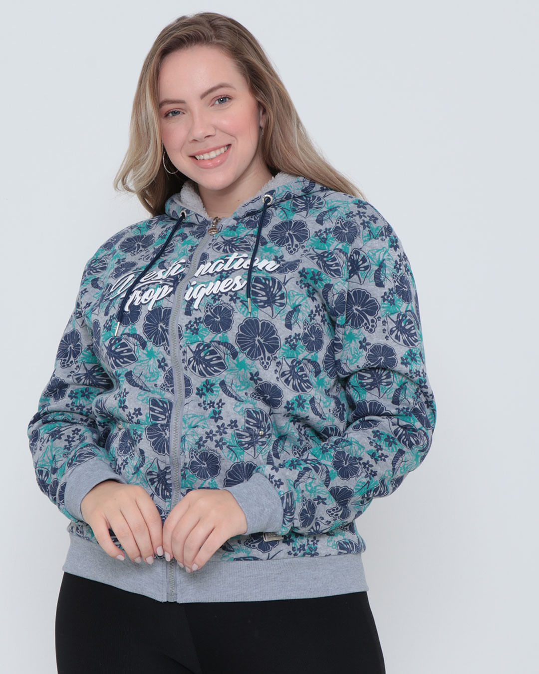 Casaco Moletom Feminino Plus Size Pelúcia Cinza