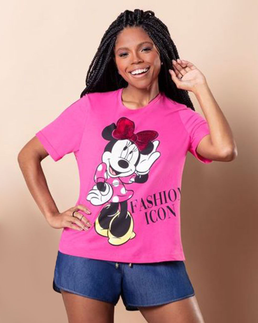 Camiseta Minnie Mouse Paetês Disney Rosa Pink