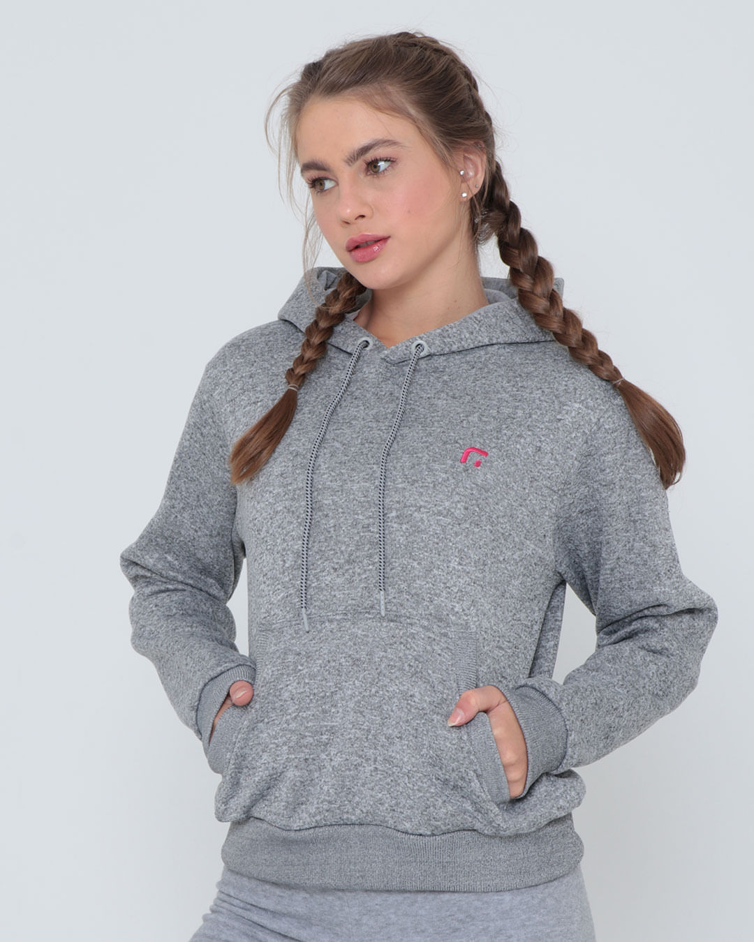 Blusão Moletom Feminino Fitness Com Capuz Cinza Claro