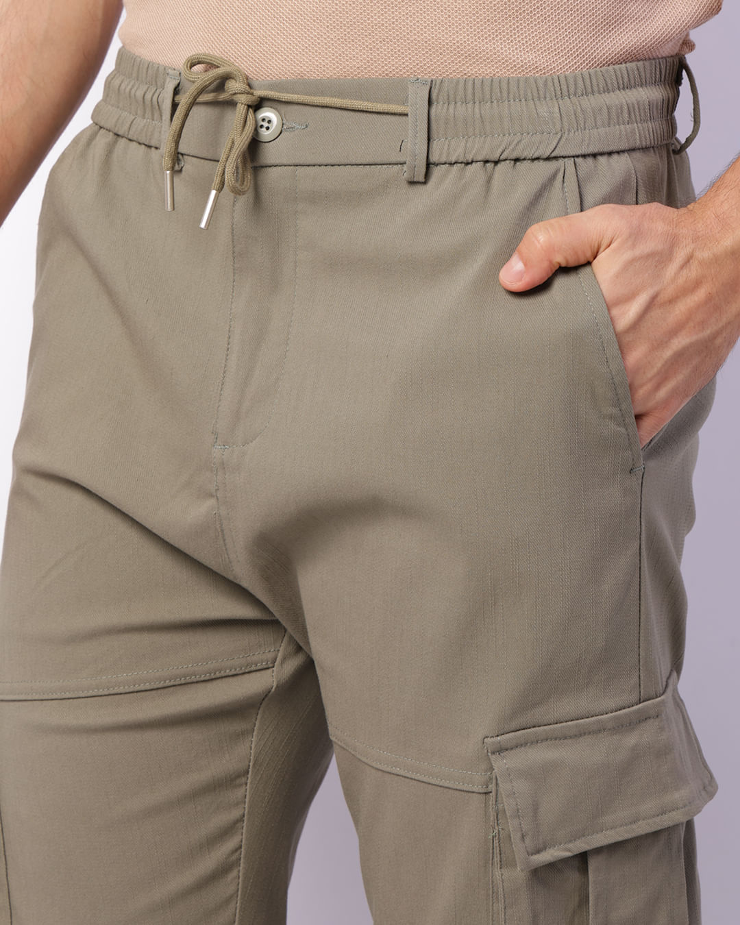 Calça Masculina Sarja Reta Elástico Bolso Cargo Verde
