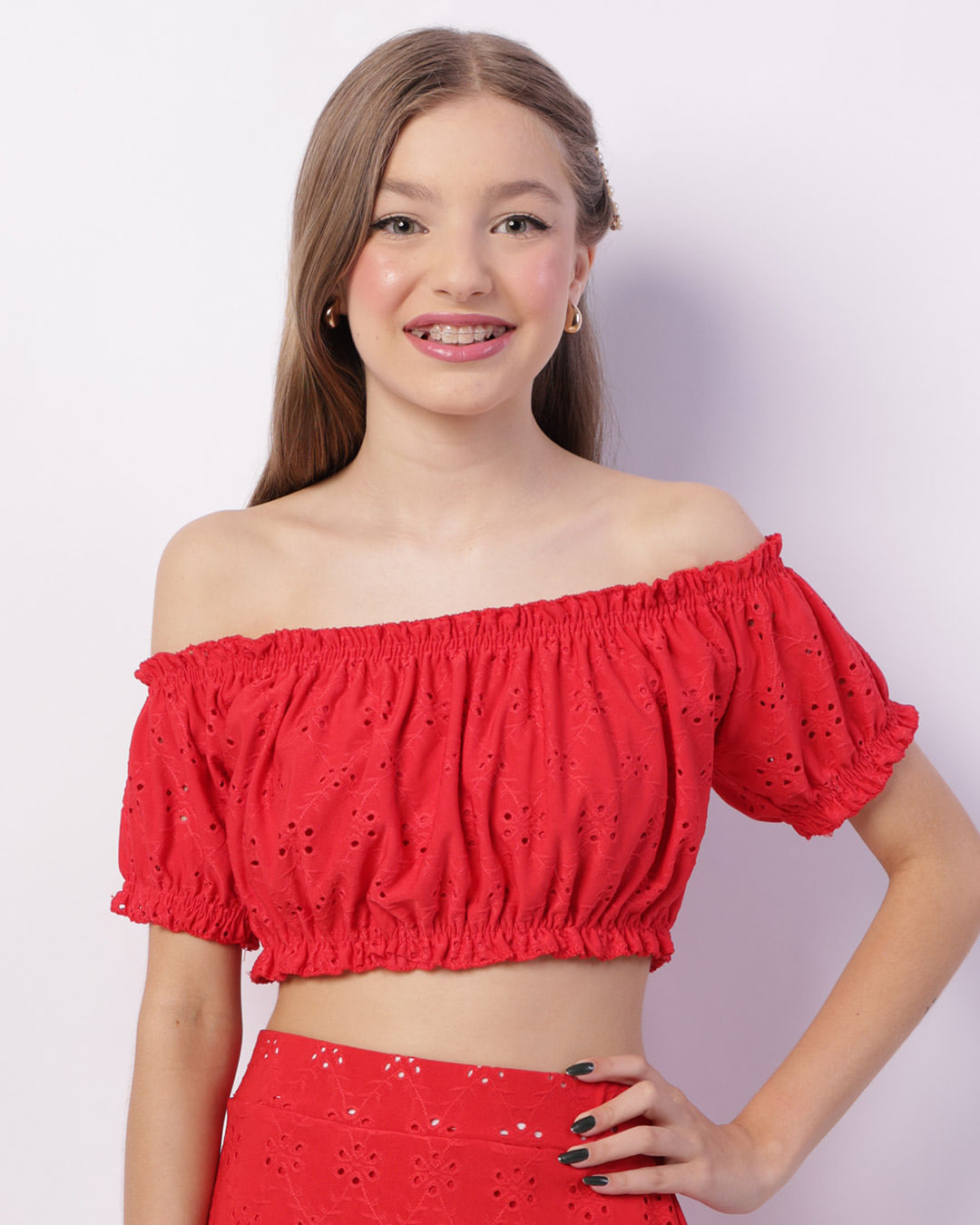 Blusa Juvenil Cropped Laise Ciganinha Vermelha