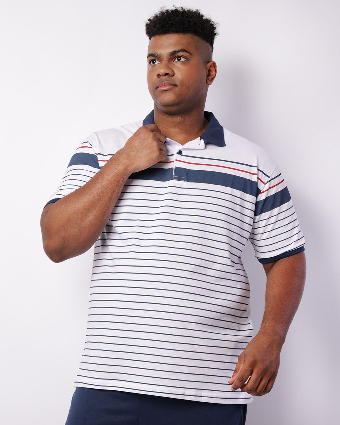 Camisa Polo Plus Size Masculina Listrada Manga Curta Branco