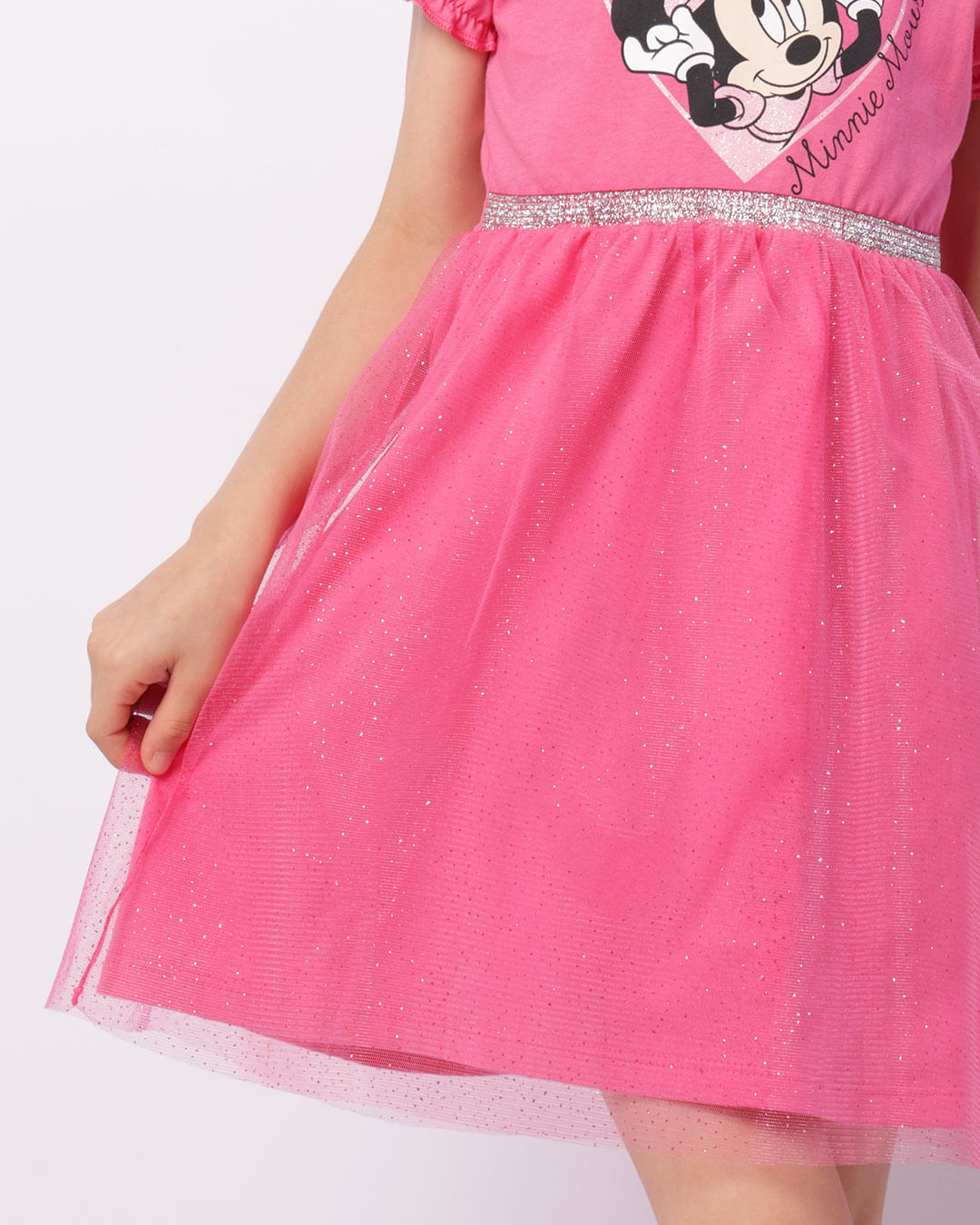 Vestido Infantil Manga Curta Disney Tule Glitter Estampa Minnie Rosa